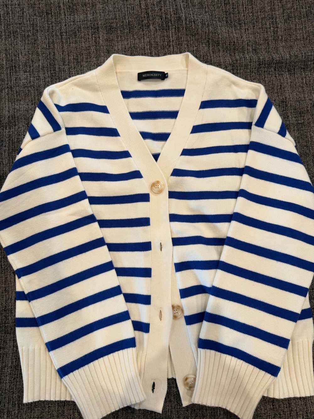 Striped V-Neck Cardigan Sweater in Cream and Blue